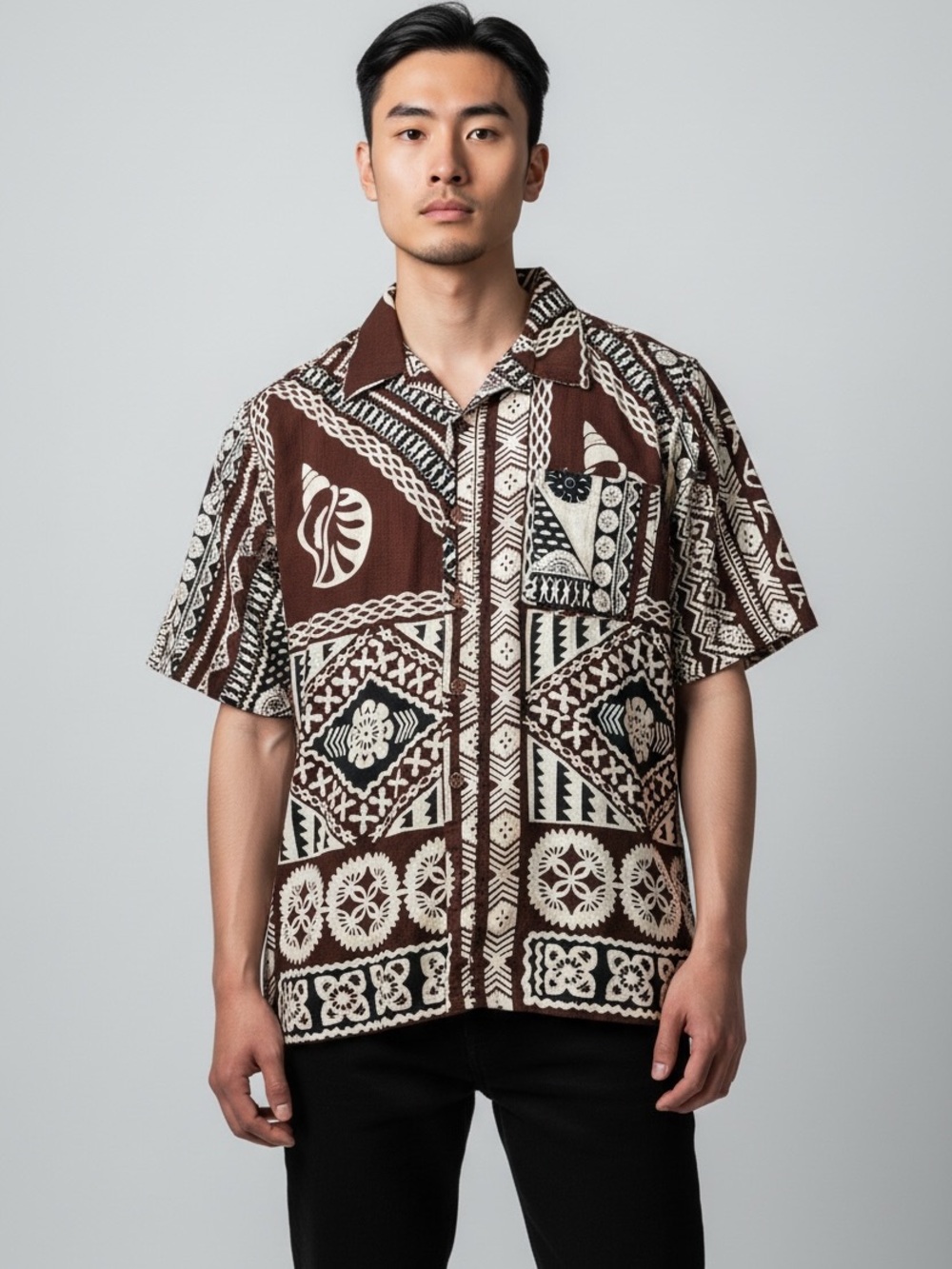 Bula Vibes Shirt
Size XXL
Brown and white geometric tribal pattern